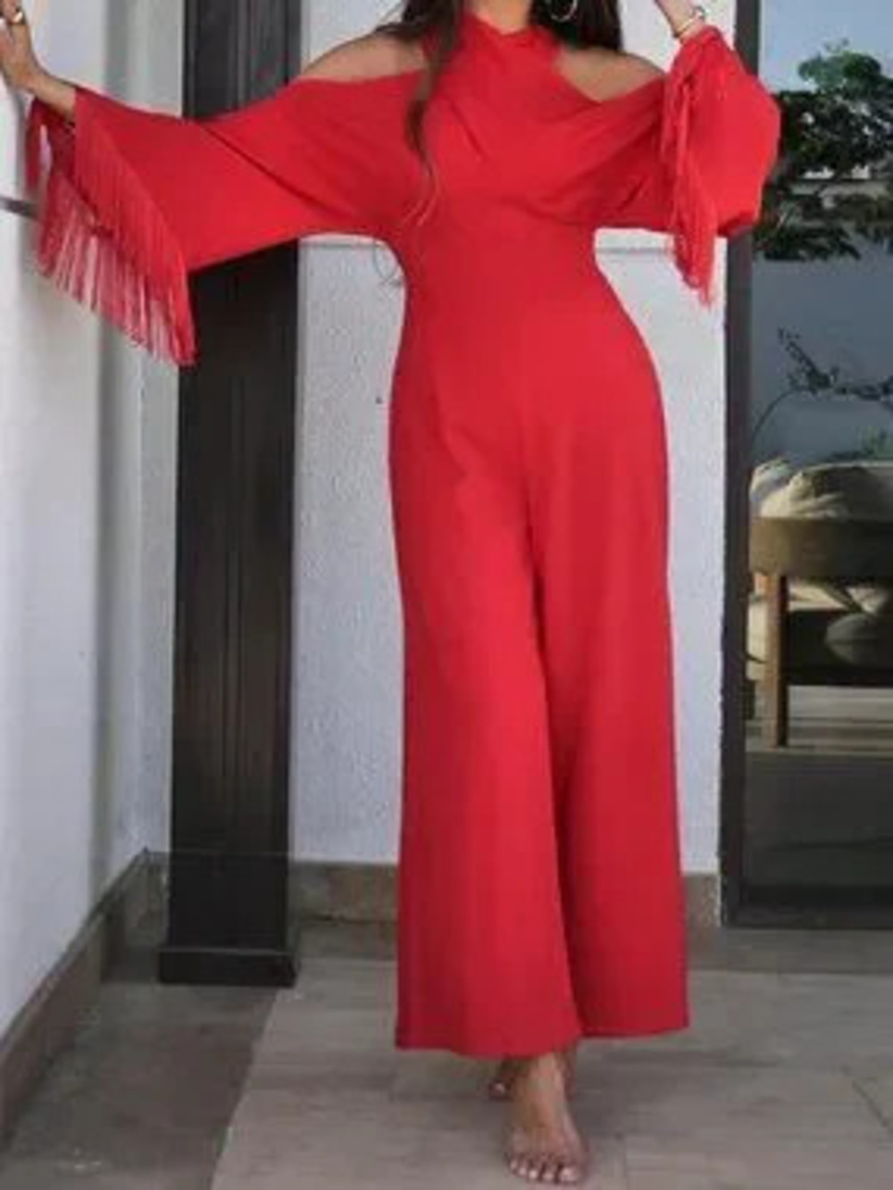 Red Party Women's Elegant Fit Cross Neckline & Tassel Long Sleeve Jumpsuit